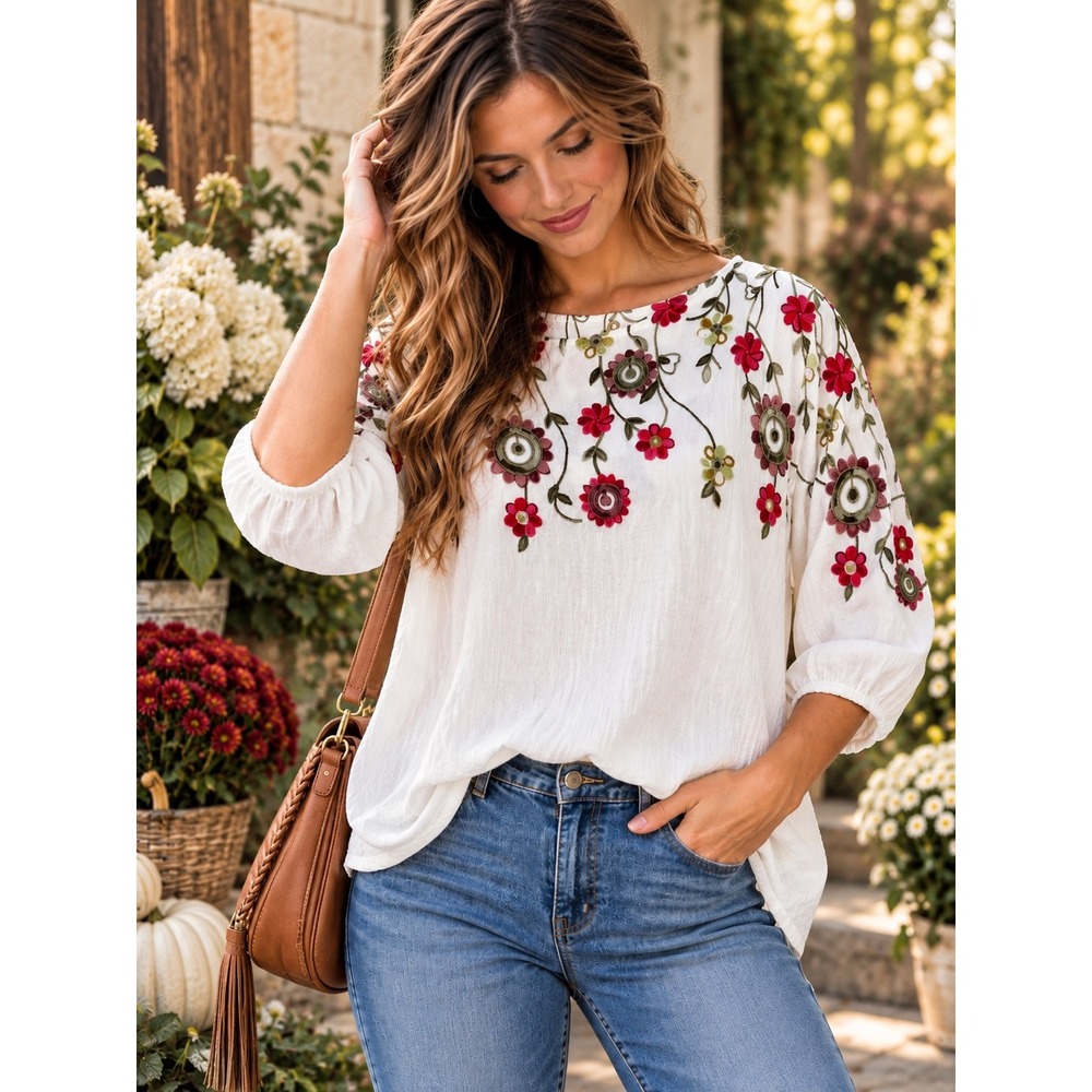 Ana & Rose White Floral Embroidered Boho Blouse XL Red Green Long Sleeve Top